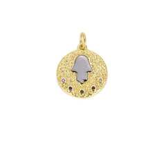 22K Gold Filled Coin Hamsa Charm, CZ Micro Pave Round Hamsa Hand Charm, Multiple CZ Hamsa Pendant, Hand Of Fatima Charm, 20x15mm, CP669