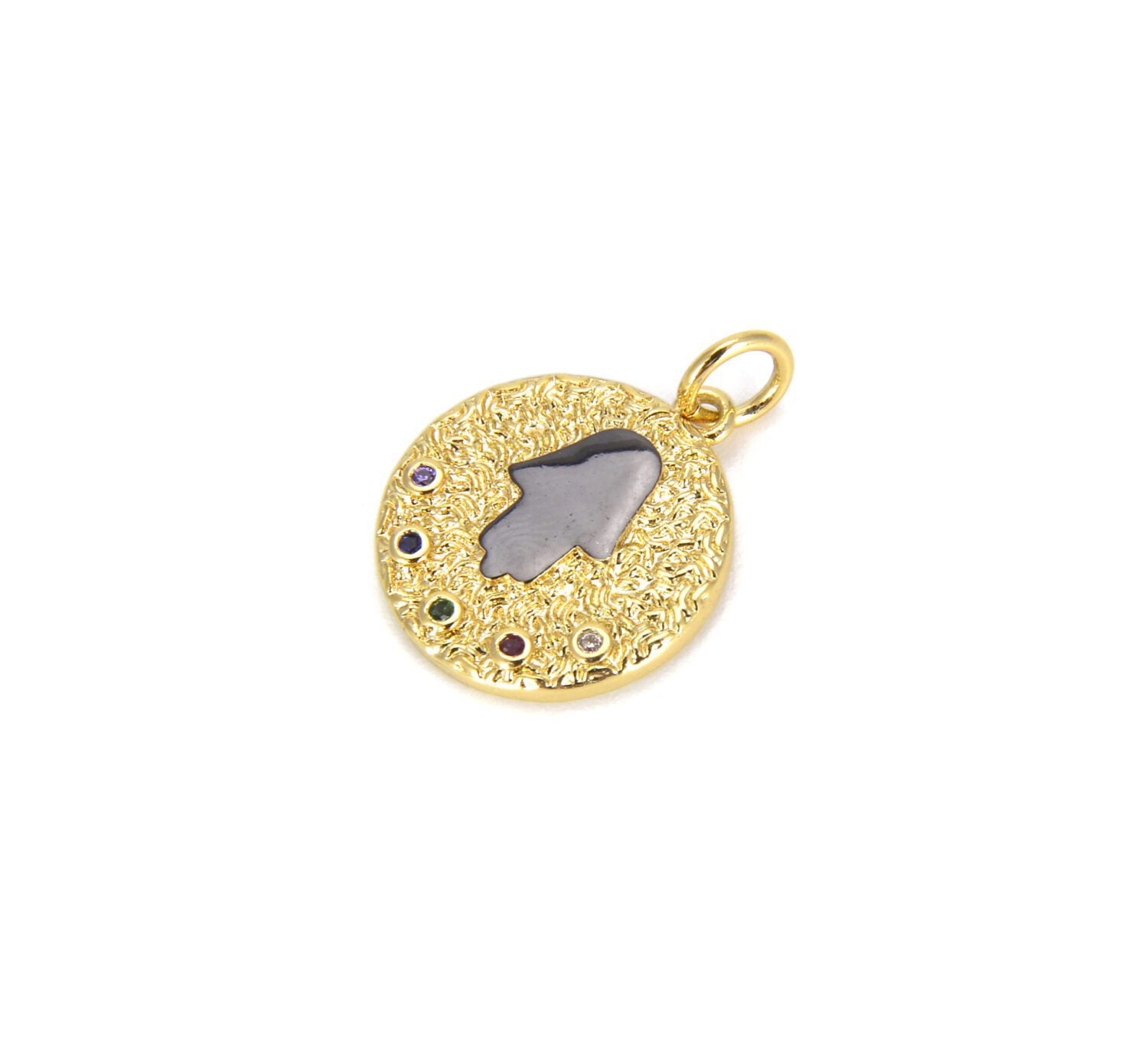 22K Gold Filled Coin Hamsa Charm, CZ Micro Pave Round Hamsa Hand Charm, Multiple CZ Hamsa Pendant, Hand Of Fatima Charm, 20x15mm, CP669