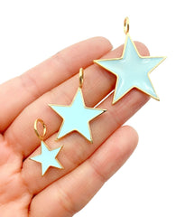 18K Gold Filled Blue Enamel, INSPIRED CZ Micro PAVE Charm Pendant Brass, Gold Filled Over Brass Star, Fast Ship, Small/Medium/ Large Light Blue Star, CP680