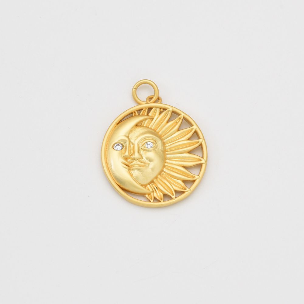 18K Gold Filled Sun and Moon Necklace Celestial Jewelry, Sun Moon Charm Pendant Micro Pave Sunburst Necklace Crescent Pendant 25x20mm, CP693