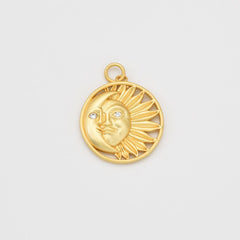 18K Gold Filled Sun and Moon Necklace Celestial Jewelry, Sun Moon Charm Pendant Micro Pave Sunburst Necklace Crescent Pendant 25x20mm, CP693