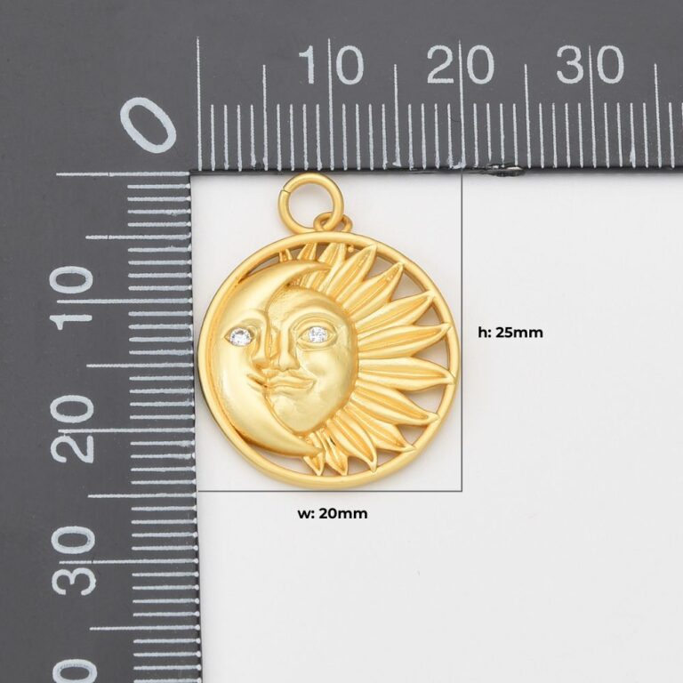 18K Gold Filled Sun and Moon Necklace Celestial Jewelry, Sun Moon Charm Pendant Micro Pave Sunburst Necklace Crescent Pendant 25x20mm, CP693