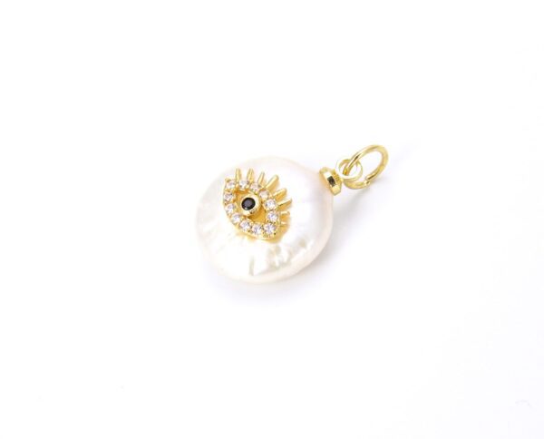 18K Gold Filled Freshwater Pearl Evil Eye Charm CZ Micro Pave CP714