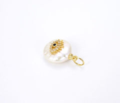 18K Gold Filled Freshwater Pearl Evil Eye Charm CZ Micro Pave CP714