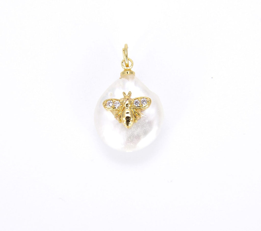 24K Gold Filled Freshwater Pearl Bee Charm Pendant, CZ Micro Pave Honey Bee Charm Pendant, Cubic Zirconia, Bee Necklace, Bee Jewelry, 21x13mm, CP717