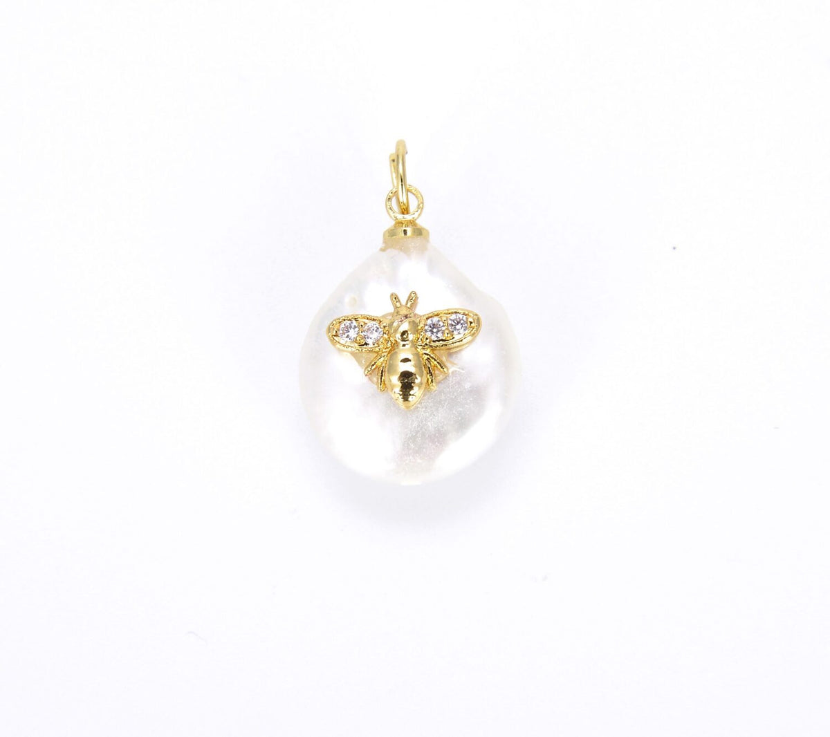 24K Gold Filled Freshwater Pearl Bee Charm Pendant, CZ Micro Pave Honey Bee Charm Pendant, Cubic Zirconia, Bee Necklace, Bee Jewelry, 21x13mm, CP717