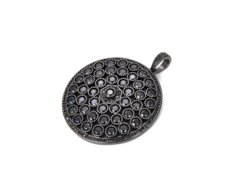 Black Cubic Zirconia Round Disc Charm Pendant, Round Charm Pendant, Medallion Pendant, Disc Charm, CZ Micro Pave, Cubic Zirconia, 50x40mm, CP797