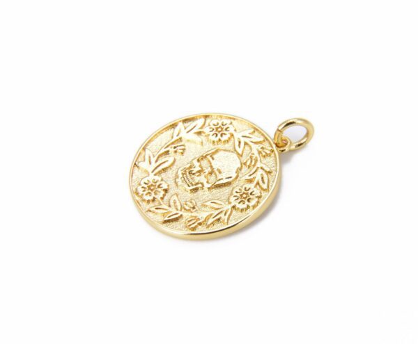 18K Gold Filled Skull Coin Medal Charm Pendant, Skull Charm, Skull Tag Pendant, Skull Necklace Charm, Gold over brass, 23x18mm, CP811