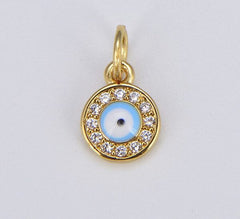 18K Gold Filled Enamel Round Medal Evil Eye Charm CZ Micro Pave, Evil Eye Necklace, Evil Eye Pendant, Evil Eye Charm, 12x7mm, CP824