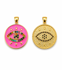 Gold Filled CZ Evil Eye Pendant Charm, Multicolor Pave Protection Eye Necklace Bracelet DIY Jewelry Finding, Round Enamel Charm, CP827