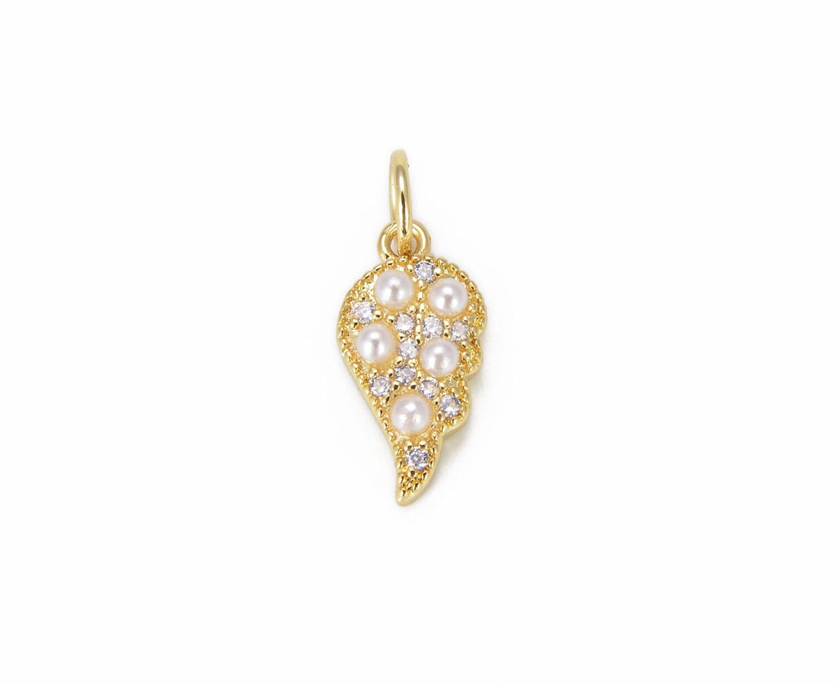 24K Gold Filled Feather Charm Pendant with Pearl CZ Micro Pave, Mother Of Pearl, Feather Charm, Feather Pendant, Cubic Zirconia, 17x7mm, CP837