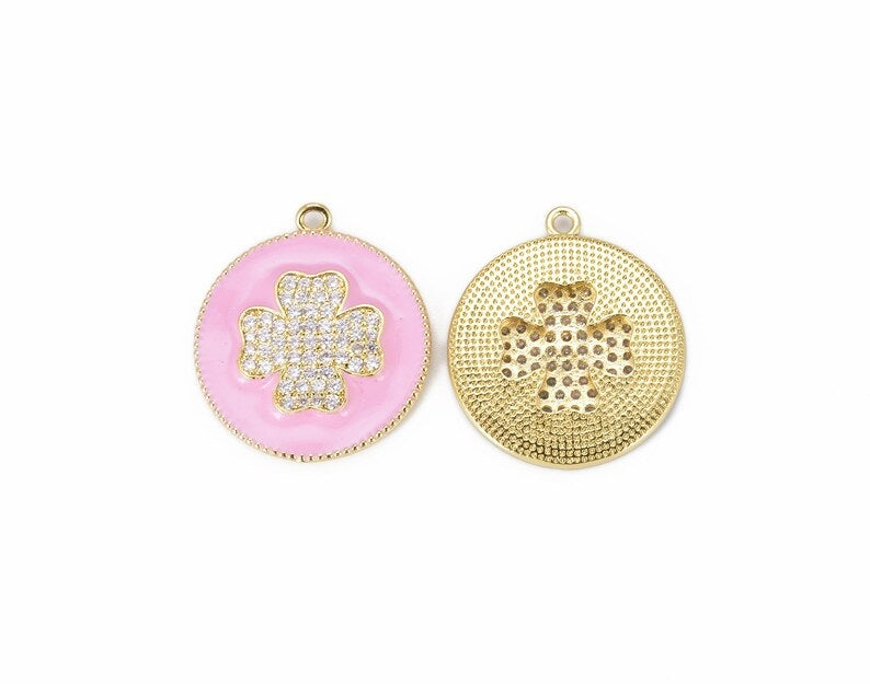 14K Gold Filled Four Leaf Clover Enamel Charm, CZ Micro Pave Quatrefoil Charm, Cubic Zirconia, Clover Charm Necklace, 28x24mm, CP851