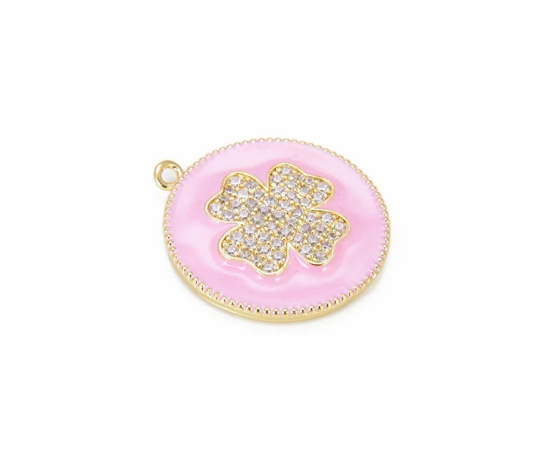 14K Gold Filled Four Leaf Clover Enamel Charm, CZ Micro Pave Quatrefoil Charm, Cubic Zirconia, Clover Charm Necklace, 28x24mm, CP851