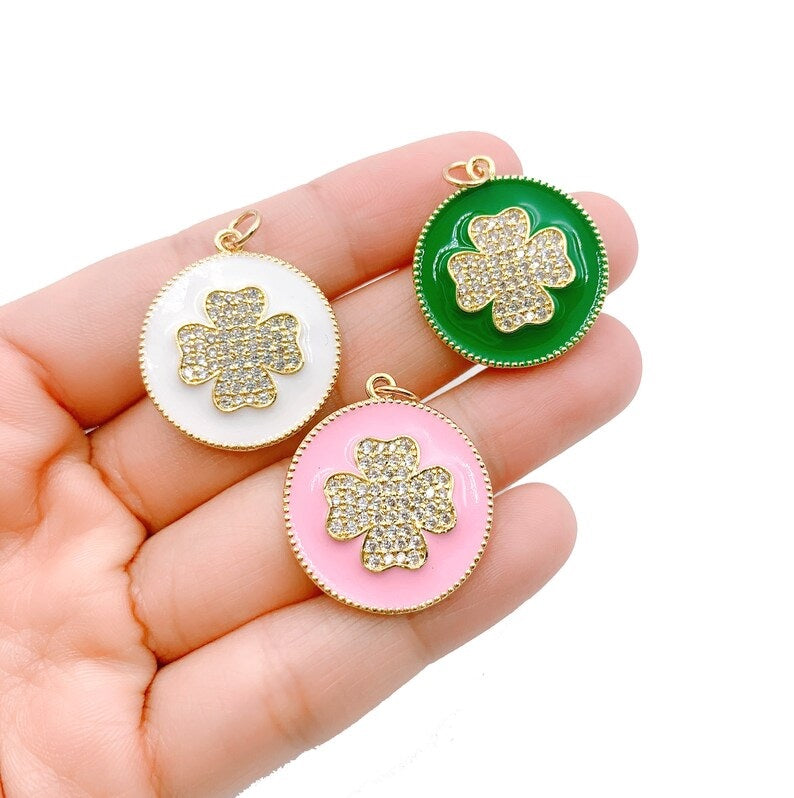 14K Gold Filled Four Leaf Clover Enamel Charm, CZ Micro Pave Quatrefoil Charm, Cubic Zirconia, Clover Charm Necklace, 28x24mm, CP851