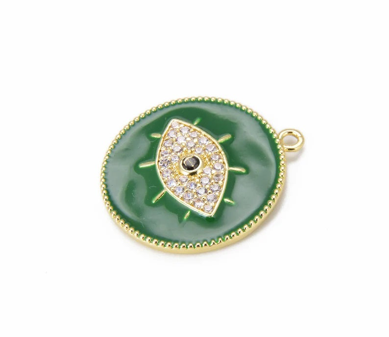 14K Gold Filled Enamel Evil Eye Pendant, White, Black Green Pink Enamel Charm, CZ Micro Pave Evil Eye Charm, Protection Charm 27x24mm, CP855