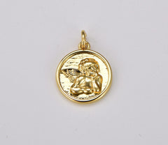 18K Gold Filled Round Gold Medal Angel Charm Pendant, Angel Charm, Cupid Charm, Guardian Angel Charm, Angel Necklace, Charm Pendant, 15x13mm, CP861