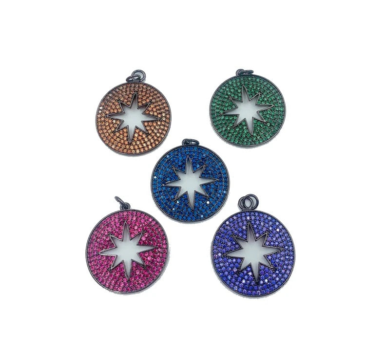 Round Starburst Charm CZ Pave Pendant, Star Charm, Star Pendant, North Star Charm, Star Necklace, Cubic Zirconia, 26x25mm, CP870