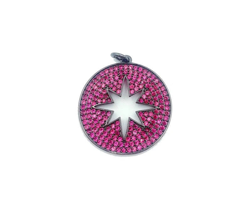 Round Starburst Charm CZ Pave Pendant, Star Charm, Star Pendant, North Star Charm, Star Necklace, Cubic Zirconia, 26x25mm, CP870