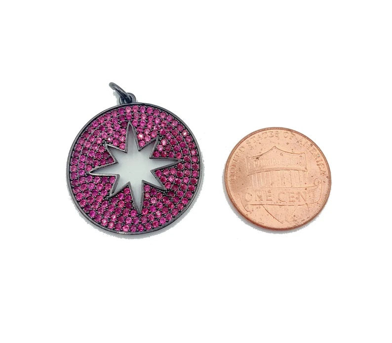 Round Starburst Charm CZ Pave Pendant, Star Charm, Star Pendant, North Star Charm, Star Necklace, Cubic Zirconia, 26x25mm, CP870