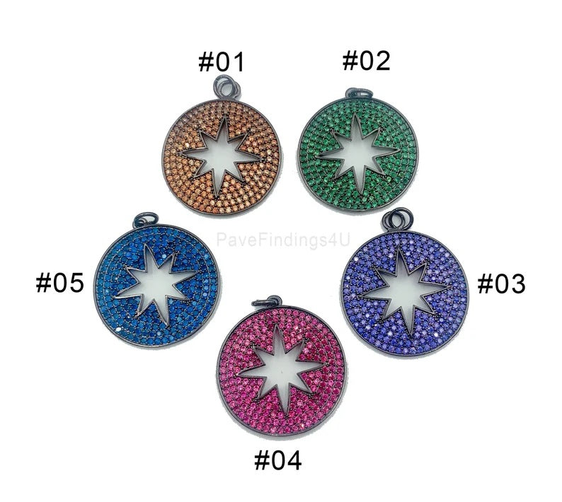 Round Starburst Charm CZ Pave Pendant, Star Charm, Star Pendant, North Star Charm, Star Necklace, Cubic Zirconia, 26x25mm, CP870