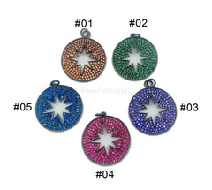 Round Starburst Charm CZ Pave Pendant, Star Charm, Star Pendant, North Star Charm, Star Necklace, Cubic Zirconia, 26x25mm, CP870