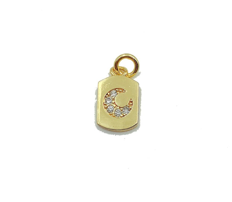 14K Gold Filled Cubic Zirconia Crescent Moon Dog Tag Charm Pendant, CP872