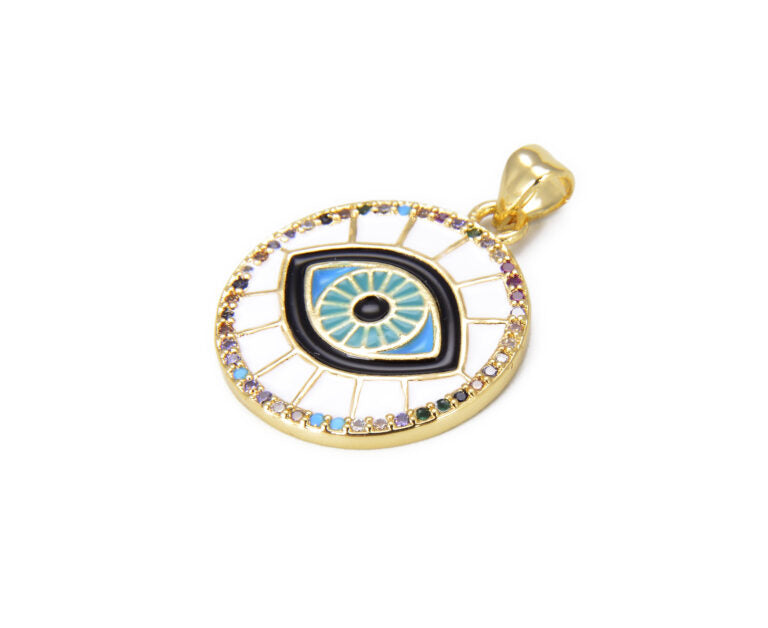 14K Gold Filled Enamel Evil Eye Charm, Black Pink Blue White Yellow eye pendant, Protection eye charm Coin Medallion Pendant, 21mm, CP876