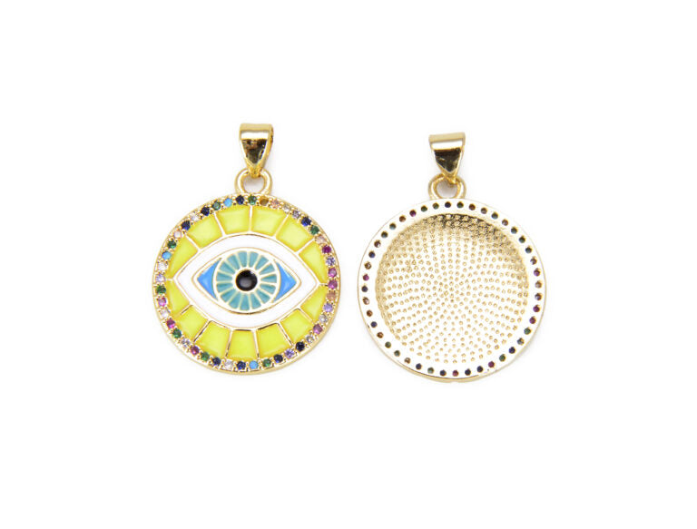 14K Gold Filled Enamel Evil Eye Charm, Black Pink Blue White Yellow eye pendant, Protection eye charm Coin Medallion Pendant, 21mm, CP876