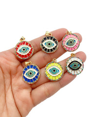 14K Gold Filled Enamel Evil Eye Charm, Black Pink Blue White Yellow eye pendant, Protection eye charm Coin Medallion Pendant, 21mm, CP876