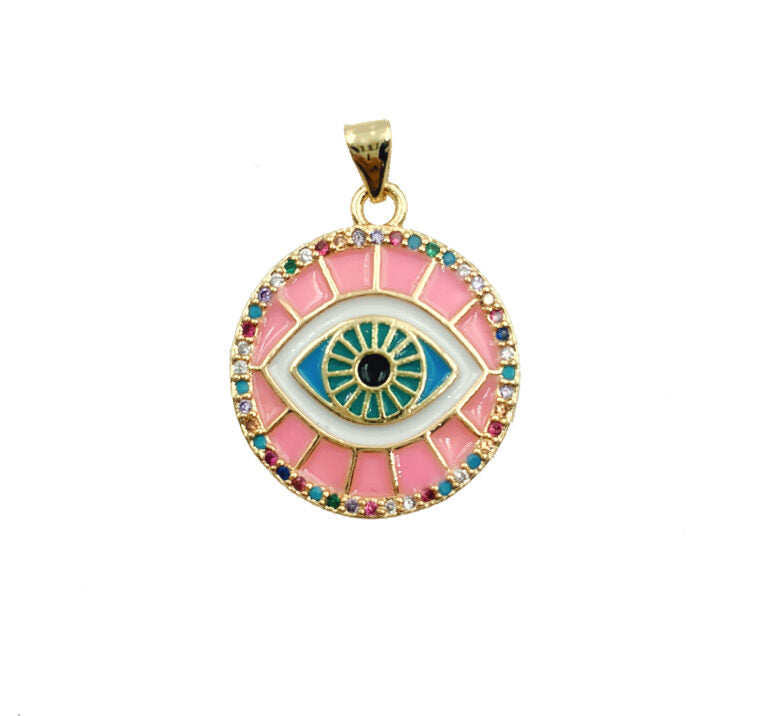 14K Gold Filled Enamel Evil Eye Charm, Black Pink Blue White Yellow eye pendant, Protection eye charm Coin Medallion Pendant, 21mm, CP876