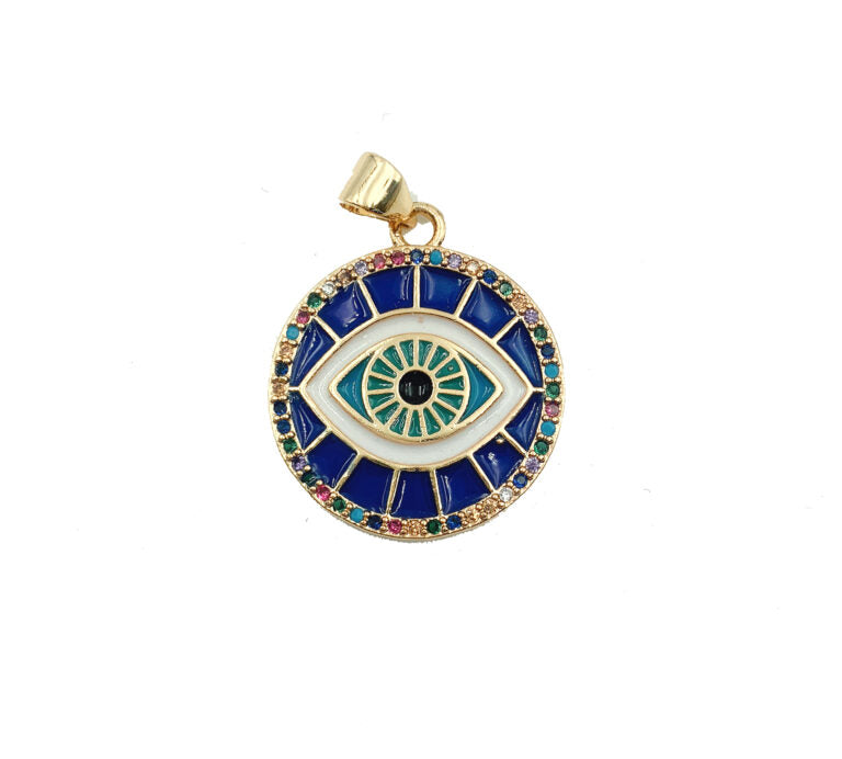 14K Gold Filled Enamel Evil Eye Charm, Black Pink Blue White Yellow eye pendant, Protection eye charm Coin Medallion Pendant, 21mm, CP876