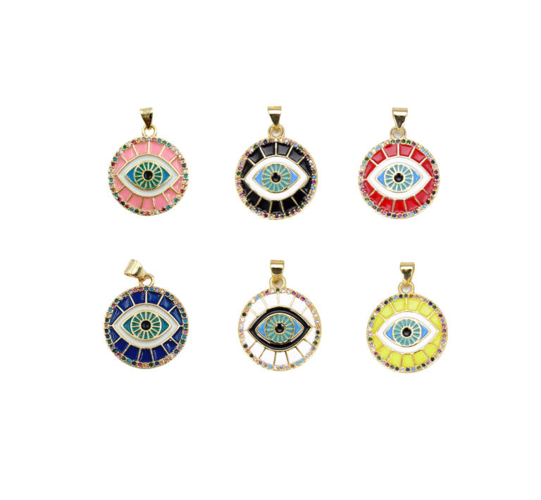 14K Gold Filled Enamel Evil Eye Charm, Black Pink Blue White Yellow eye pendant, Protection eye charm Coin Medallion Pendant, 21mm, CP876