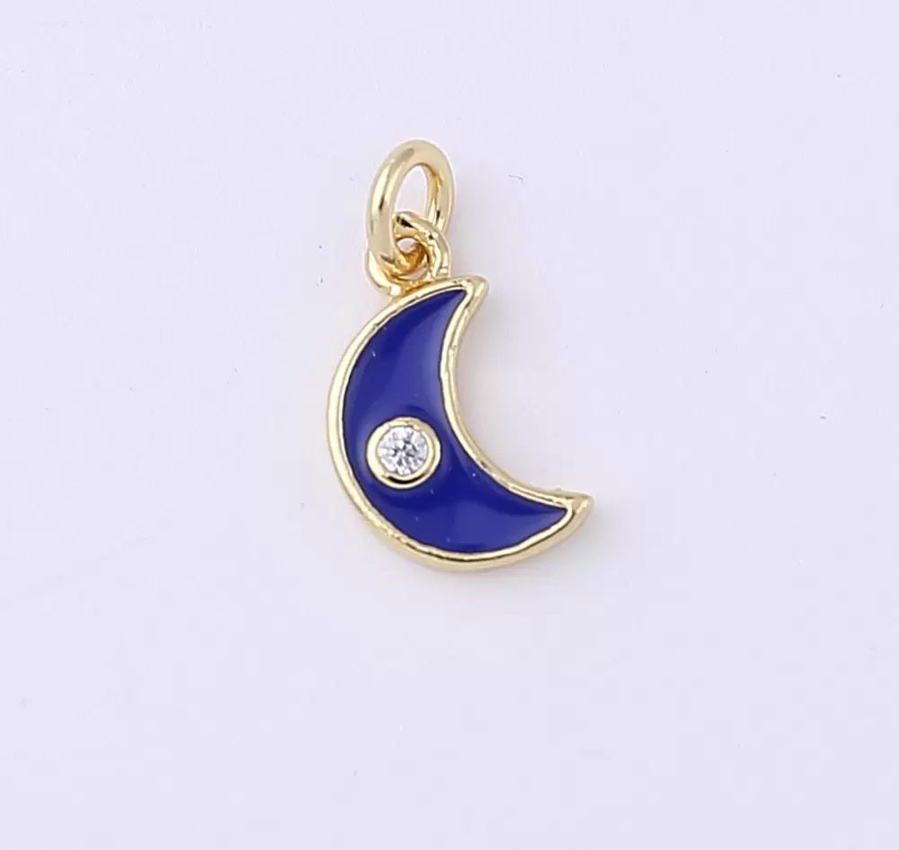 18K Gold Filled Enamel Crescent Half Moon Enamel Charms Cubic Zirconia 12x18mm CP928