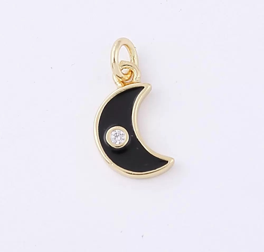 18K Gold Filled Enamel Crescent Half Moon Enamel Charms Cubic Zirconia 12x18mm CP928