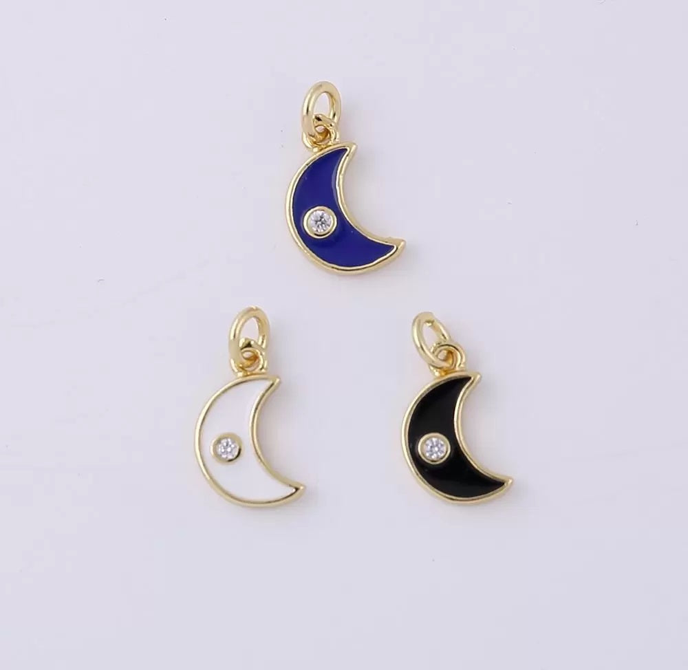 18K Gold Filled Enamel Crescent Half Moon Enamel Charms Cubic Zirconia 12x18mm CP928