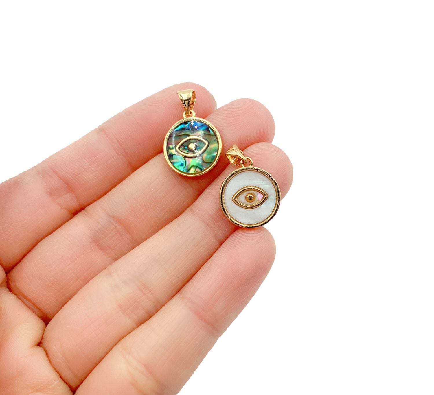 24K Gold Filled Abalone Shell Evil Eye Charm Pendant, Evil Eye Charm, Shell Charm, Charm Necklace, Charm Bracelet, Charm, 19x13mm, CP934