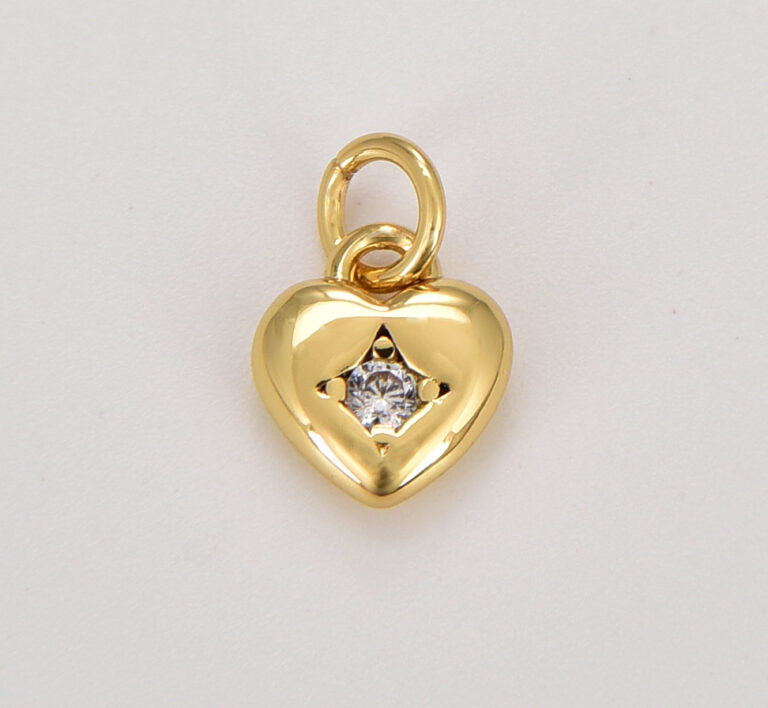 18K Gold Filled Dainty Clear CZ Gem Solitaire Heart Charm CP937