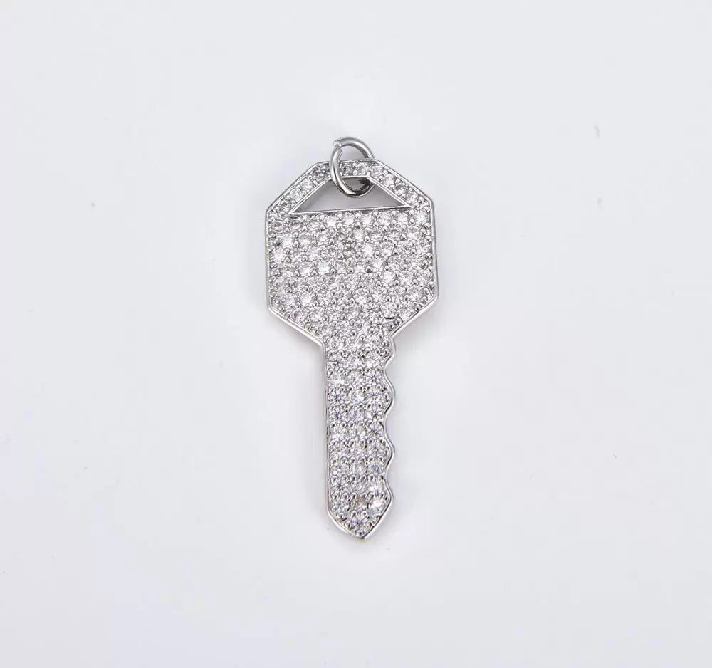 18K Gold Filled Key Cubic Zirconia Micro Pave Charm Pendant, Key Charm, Silver Key Pendant, Key Necklace, Charm Bracelet, Cubic Zirconia, 32x14mm, CP950