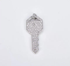 18K Gold Filled Key Cubic Zirconia Micro Pave Charm Pendant, Key Charm, Silver Key Pendant, Key Necklace, Charm Bracelet, Cubic Zirconia, 32x14mm, CP950