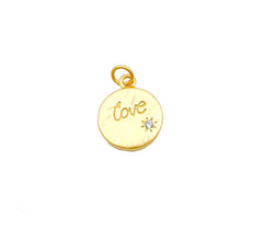 24K Gold Filled Carved Love CZ Micro Pave Charm Pendant, Love Pendants, Love Carved Charm, Carved Charm, Round Charm, Cubic Zirconia, 14mm, CP966