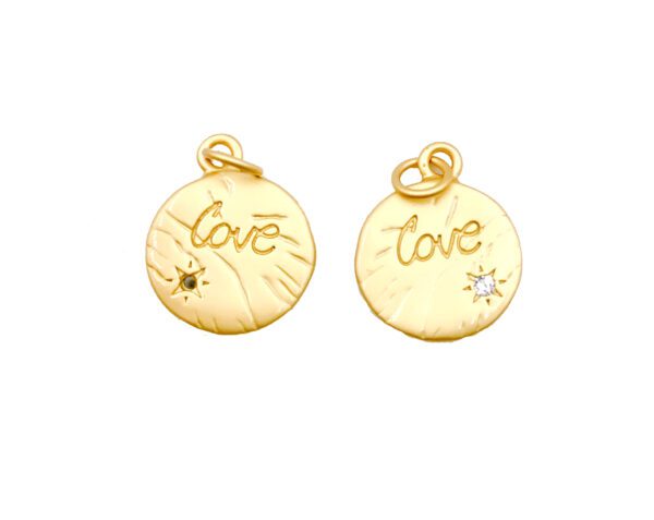 24K Gold Filled Carved Love CZ Micro Pave Charm Pendant, Love Pendants, Love Carved Charm, Carved Charm, Round Charm, Cubic Zirconia, 14mm, CP966