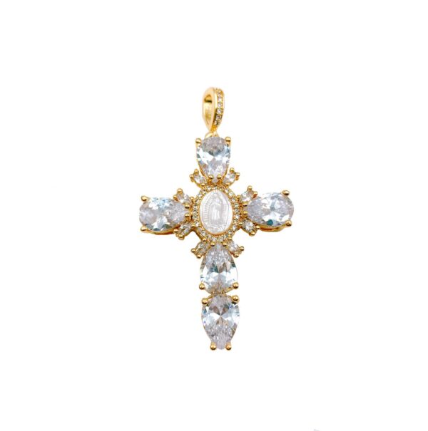 24K Gold Filled Mother of Pearl Virgin Mary, Crucifix, CZ Micro Pave Charm Pendant, Shell Virgin Mary, Cross Charm, Cubic Zirconia, 42x29mm, CP1640