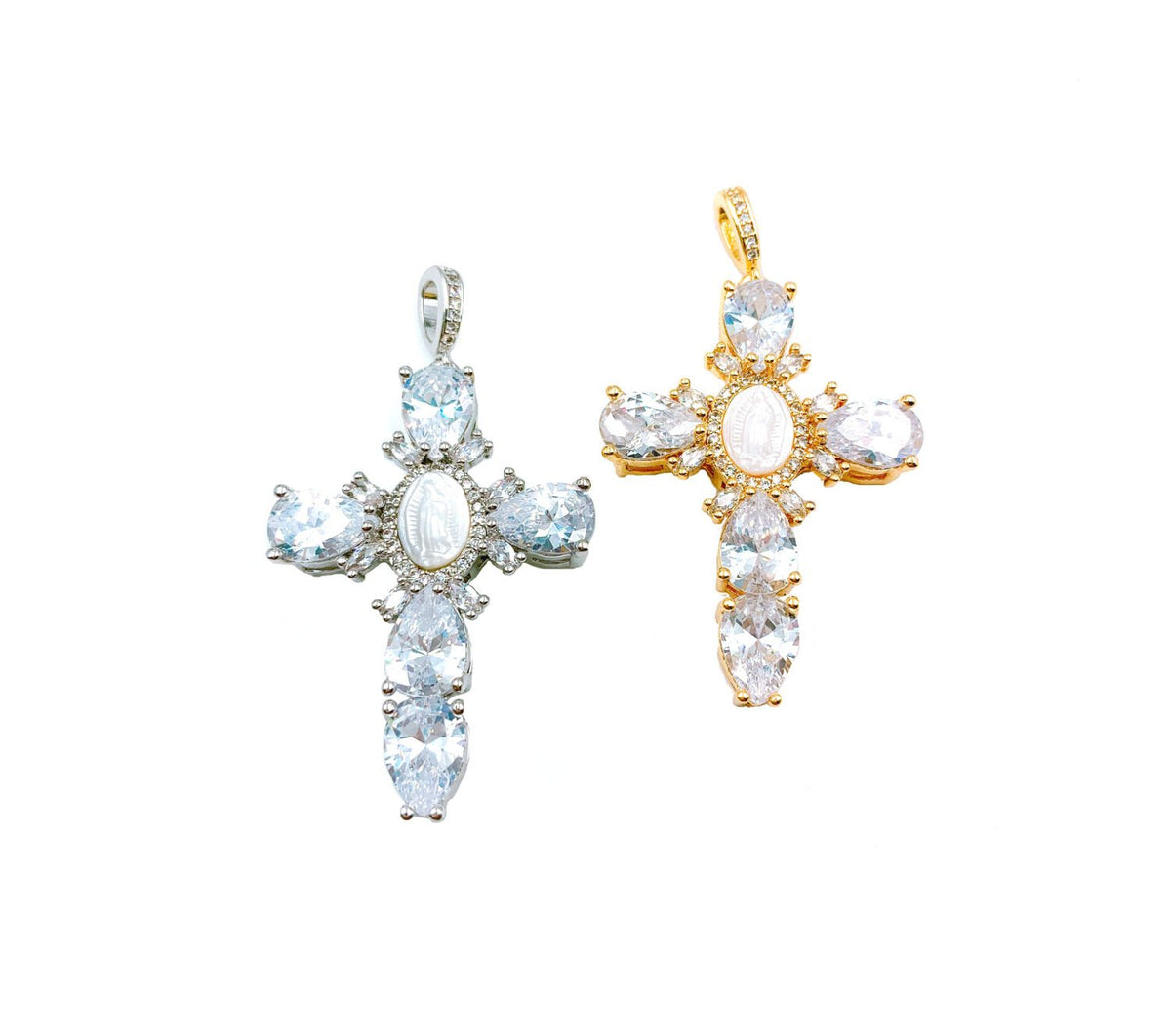 24K Gold Filled Mother of Pearl Virgin Mary, Crucifix, CZ Micro Pave Charm Pendant, Shell Virgin Mary, Cross Charm, Cubic Zirconia, 42x29mm, CP1640