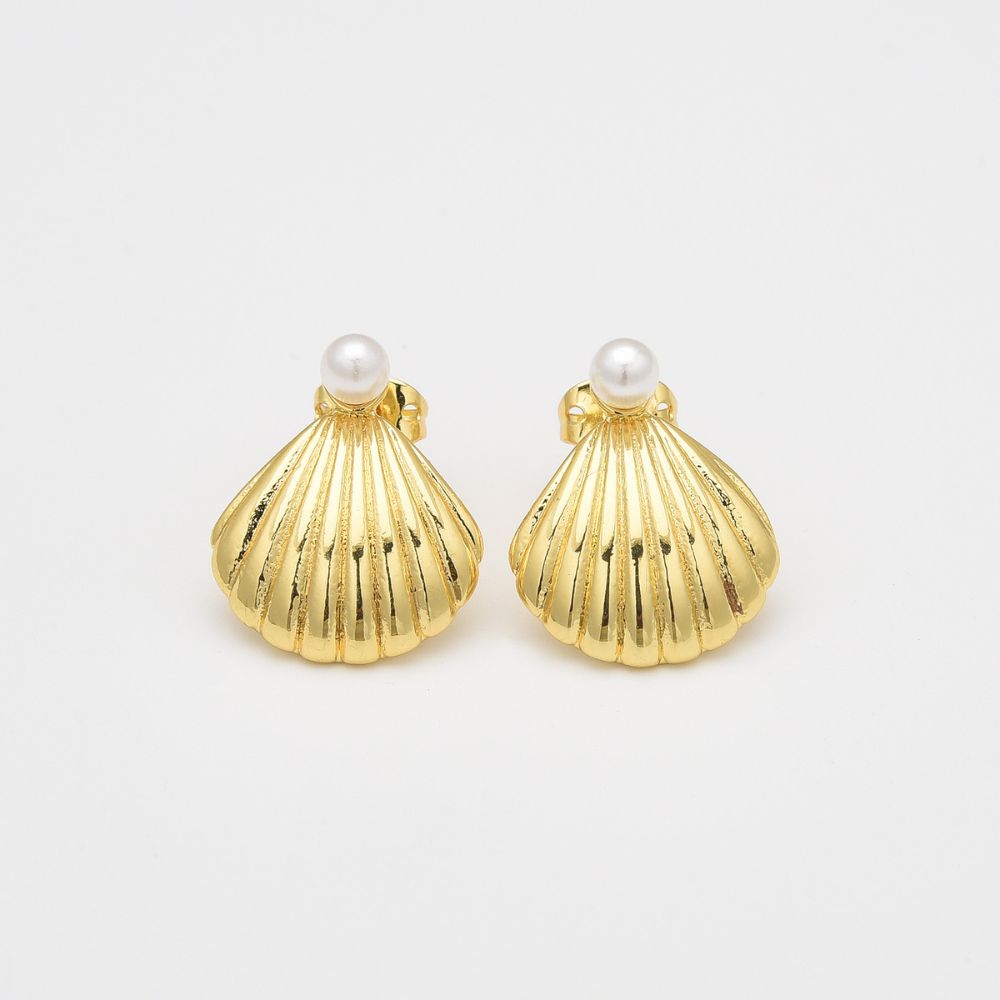 18K Gold Filled Seashell Pearl Stud Earrings, Clam Shell Earrings, Everyday Earrings, Summer Earrings, Gift for Her, 18x14mm, 1 pair, ER291