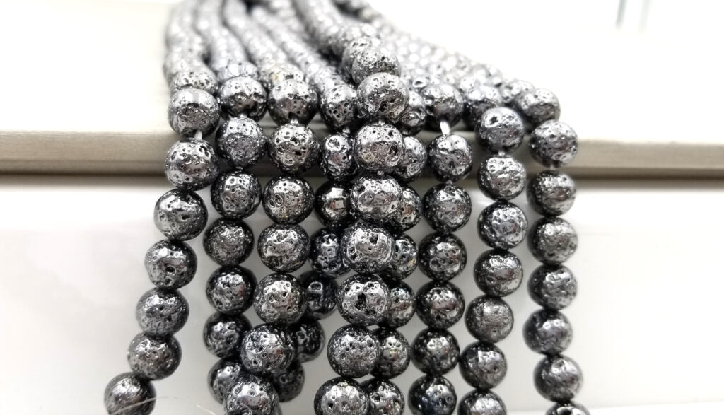 8MM Gunmetal Plated Lava Rock Gemstone round beads, Lava Rock Jewelry Beads Round Volcanic Lava Beads, Full strand 15.5″, GRN062