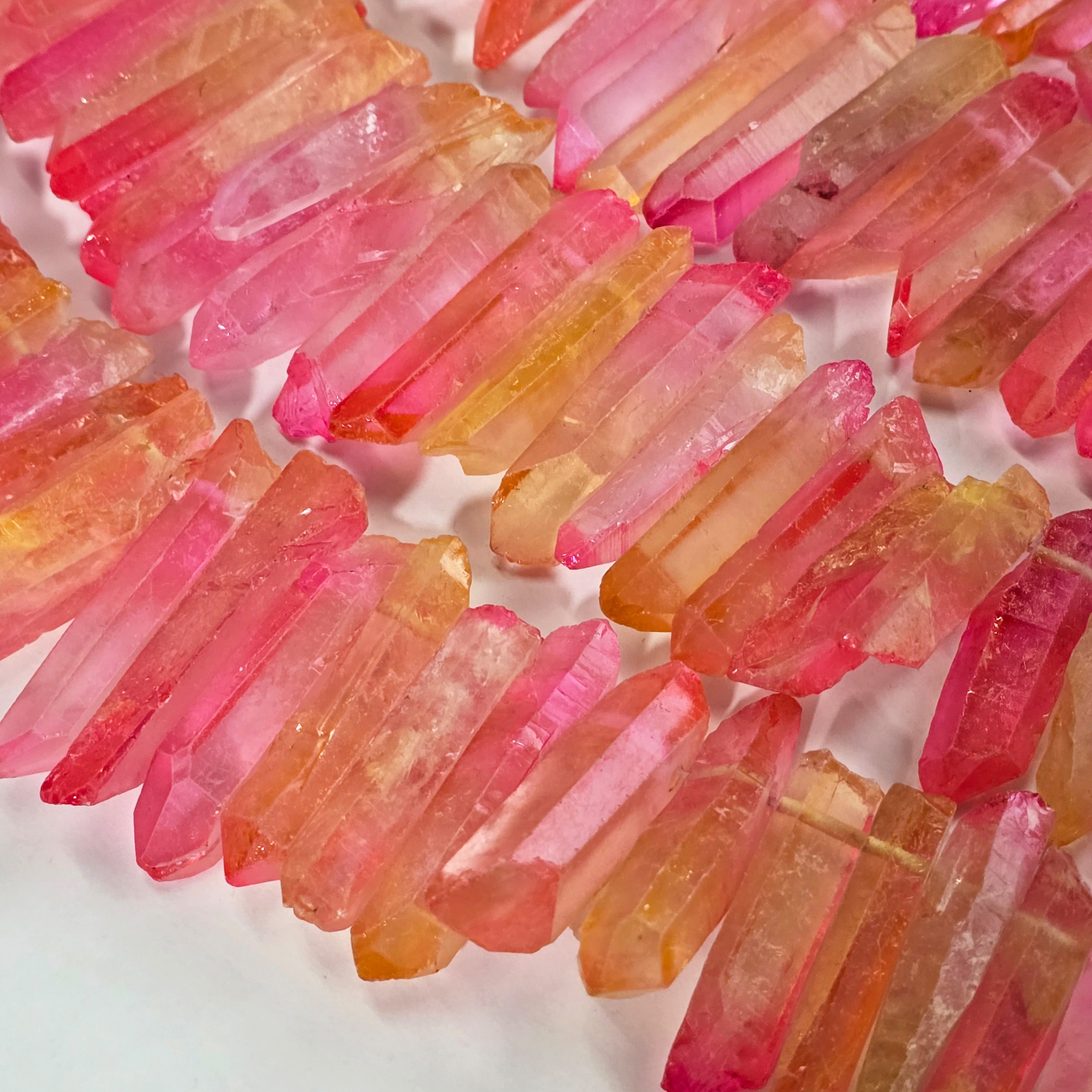 Red Purple Crystal Bead Gemstone Pendant, Natural Form Raw Rough Quartz Wand Shard, 15″ Full Strand, 35x12mm, GRN093