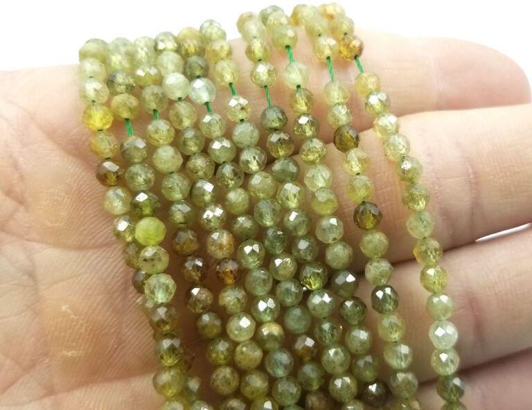 Green Garnet Micro Faceted Natural Round Beads, 2mm/3mm/4mm Laser Diamond Cut Gemstones, 15.5″ Full Strand, PRP321