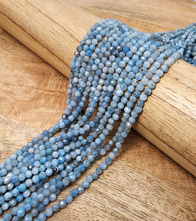 Sparkling Beauty Genuine Aquamarine Gemstone Beads with Laser Diamond Cut – High Quality Micro Faceted Round Beads, 3.5mm Size on a 15.5″ Strand – PRP576