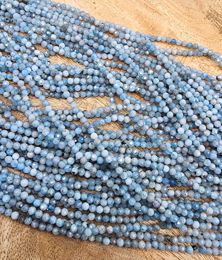 Sparkling Beauty Genuine Aquamarine Gemstone Beads with Laser Diamond Cut – High Quality Micro Faceted Round Beads, 3.5mm Size on a 15.5″ Strand – PRP576