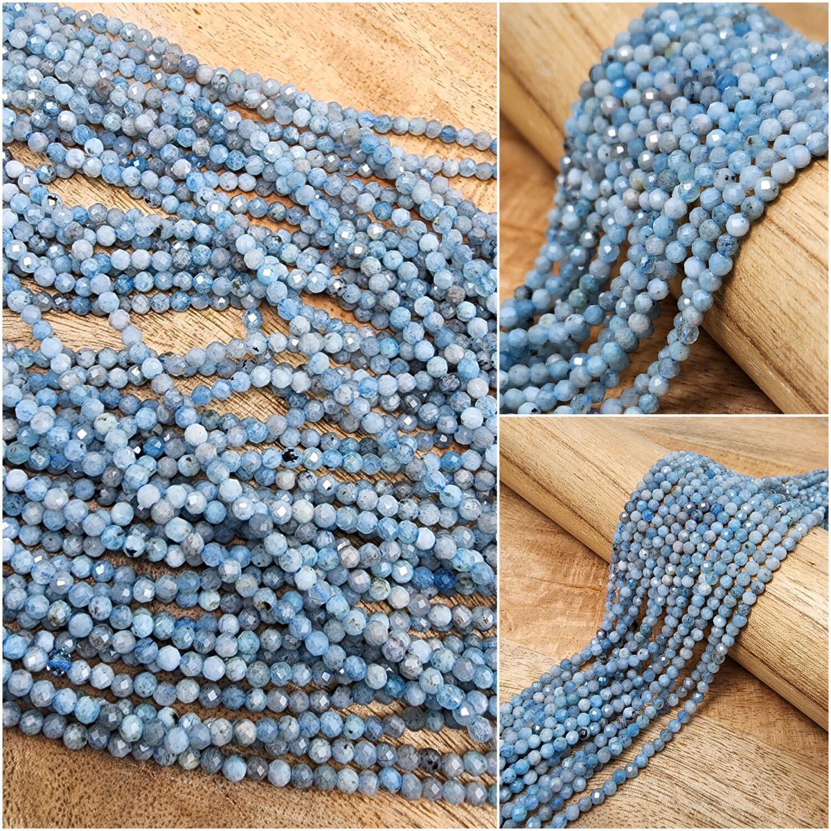 Sparkling Beauty Genuine Aquamarine Gemstone Beads with Laser Diamond Cut – High Quality Micro Faceted Round Beads, 3.5mm Size on a 15.5″ Strand – PRP576